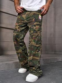 Manfinity EMRG Vaqueros de talla grande para hombres con estampado gráfico y múltiples bolsillos, vaqueros de corte recto y holgados de largo completo, lavados como regalo para esposo o novio