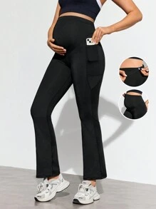 SHEIN Maternity Solid Color Adjustable Waistband Pocket Flared Leg Sports Pants