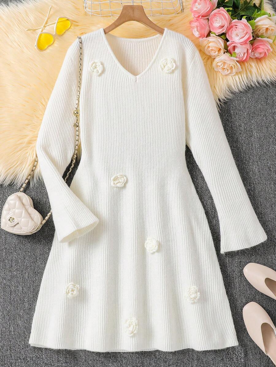 Vestido de punto hecho a mano con flores, elegante, para niñas adolescentes, de cuello en V, mangas abombadas, blanco, de longitud media, cintura alta y silueta evasé - Blanco - Ver 1