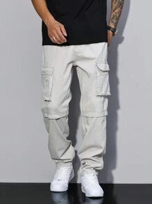 Manfinity LEGND Jeans casuales sencillos de unicolor con bolsillo y botones delanteros para hombre