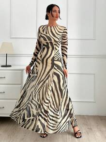 RueChic Women's Black And Beige Print Mesh Fabric Long Dress