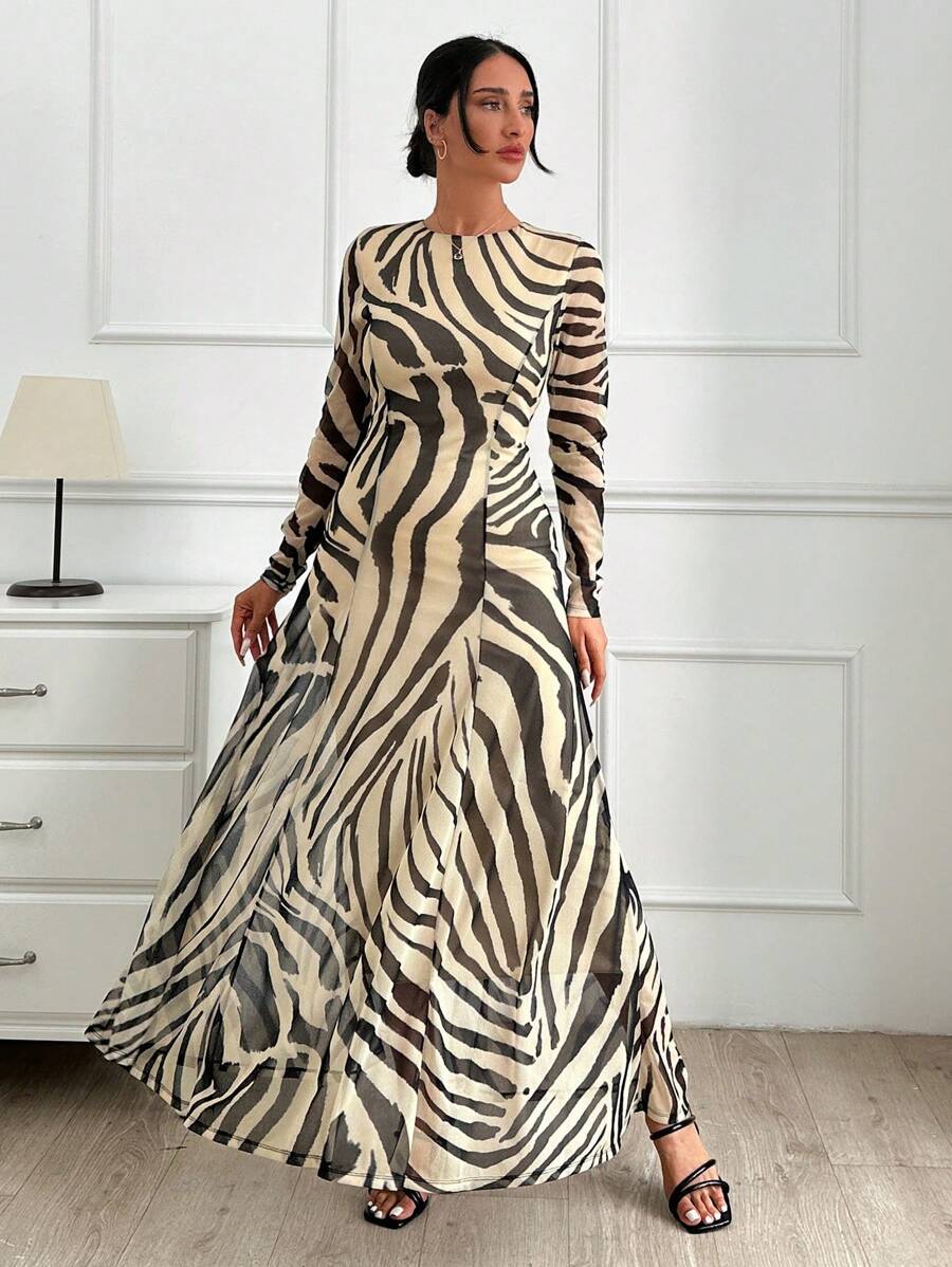 RueChic Women's Black And Beige Print Mesh Fabric Long Dress