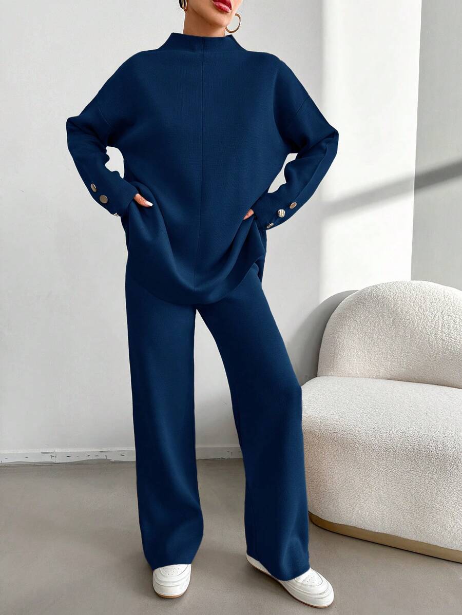 EURMUSE Women Solid Stand Collar Long Sleeve Top And Pant Set, Elegant Knit 2Pcs Suit - Navy Blue - View 1