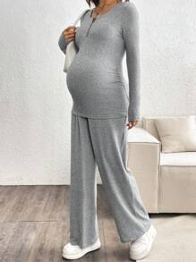 SHEIN 2 件套孕妇休闲纯色半纽扣门襟合身 T 恤和可调节腰部宽松阔腿裤套装 - 灰色 - 查看 6