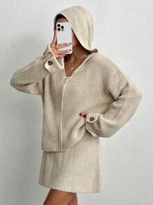 RueChic Women Hooded Cardigan With Button Detailed Sleeve And Mini Swater Skirt 2 Two Piece Sets Co-Ords