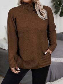 Plus Size Solid Color Crew Neck Long Sleeve Simple Pullover Top, Casual Daily Wear, For Winter