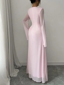 Selianne Elegant Romantic Flare Sleeve Ruffled Collar Women Dress Maxi Women Outfit Fall Cloth For Women - Pink - View 2
