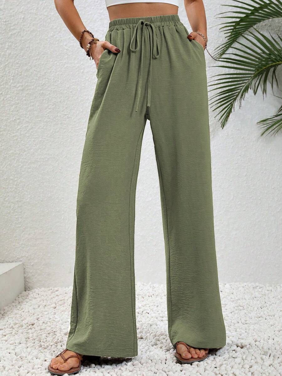 SHEIN LUNE Women's Solid Color Front Tie Pocket Minimalist 7/9 Length Pants, Casual Daily Wear Fall Cloth For Women - Green - View 1
