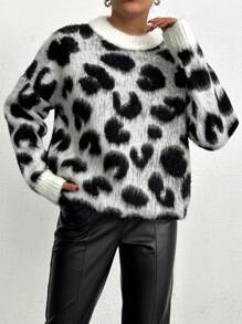 EURMUSE Women Round Neck Hairy Yarn Leopard Printed Soft Touch Sweater Pullover - Black and White - View 3