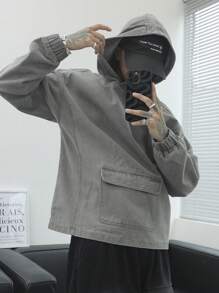 Manfinity Roghcode 男士休闲日常牛仔夹克，带翻盖口袋和连帽，秋季 - 灰色 - 查看 1