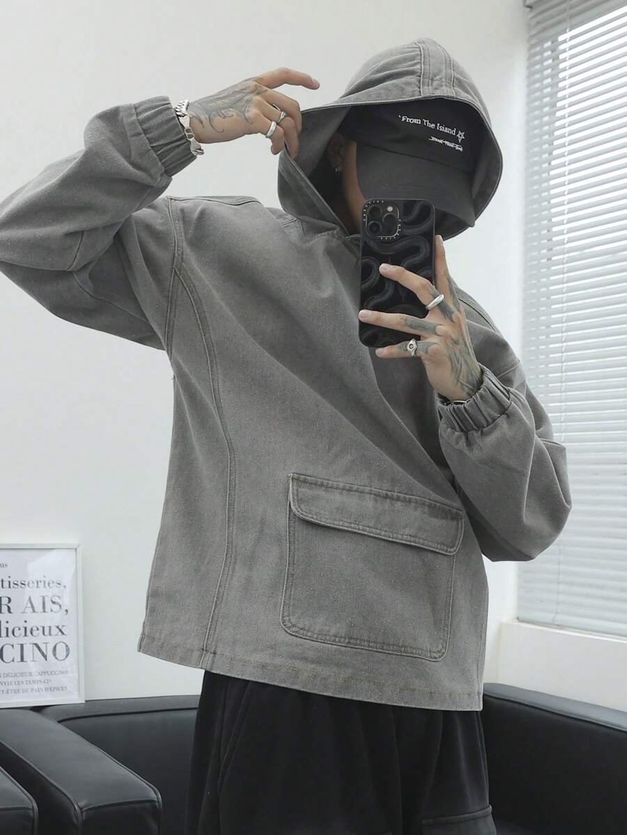 Manfinity Roghcode 男士休闲日常牛仔夹克，带翻盖口袋和连帽，秋季 - 灰色 - 查看 1