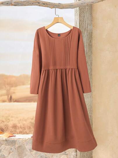 Rusticease Plus Size  Fold Pleated Midi Dresses For Women, Fall And Winter Women Clothes