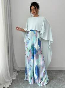 Elenzga Vestido maxi elegante y romántico con estampado de parches y ruedo plisado para mujer