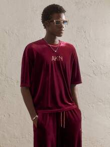 AKNOTIC Party 2pcs Men's Letter Print Crew Neck Fitted T-Shirt And Elastic Waist Casual Pants Set, Suitable For Spring - Burgundy - View 10