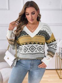 Calvaya 大码女式V领几何图案落肩长袖休闲毛衣，秋冬针织套头衫 - 杏色 - 查看 4