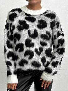 EURMUSE Women Round Neck Hairy Yarn Leopard Printed Soft Touch Sweater Pullover - Black and White - View 4