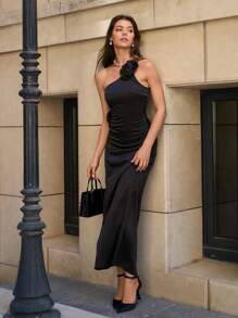 SHEIN Cottnline Rose Detailed Satin Bodycone Long Dress - Black - View 4