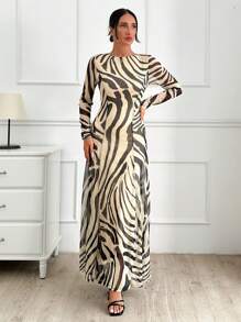 RueChic Women's Black And Beige Print Mesh Fabric Long Dress