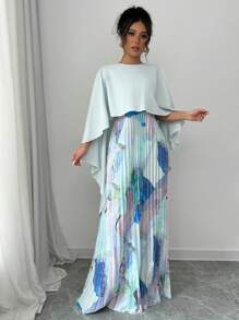 Elenzga Vestido maxi elegante y romántico con estampado de parches y ruedo plisado para mujer