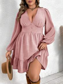 SHEIN VCAY 大码 V 领灯笼袖度假连衣裙 - 粉色 - 查看 1