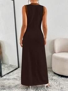 Elenzga Women Colorblock V-Neck Button Design Sleeveless Long Sweater Dress, Autumn