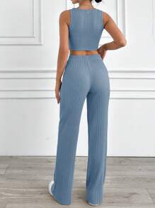 EURMUSE Women Solid Color Cropped Ribbed Tank Top And Straight Leg Pants Casual 2-Piece Set - Dusty Blue - View 2
