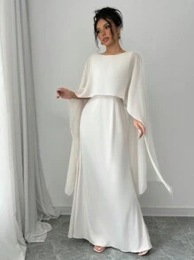 Selianne 优雅飘逸连衣裙，撞色可拆卸披肩袖，女士长款缎面女装