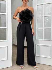 RueChic Vrouwen 3D Floral Decor Tube Top met rits op de rug en effen broekset