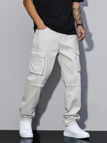 Manfinity LEGND Jeans casuales sencillos de unicolor con bolsillo y botones delanteros para hombre