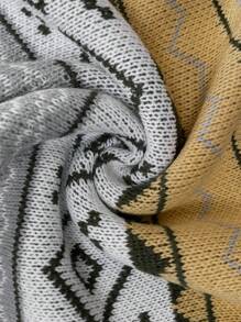 Calvaya 大码女式V领几何图案落肩长袖休闲毛衣，秋冬针织套头衫 - 杏色 - 查看 6