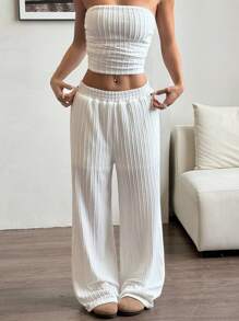 SHEIN EZwear 女士优雅通勤休闲蓝白条纹抹胸和宽松长裤套装，秋冬 - 藍色 - 查看 1