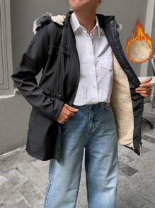 EURMUSE 女士可拆卸毛领连帽衬里大衣、派克大衣 - 黑色 - 查看 1