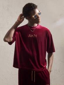 AKNOTIC Party 2pcs Men's Letter Print Crew Neck Fitted T-Shirt And Elastic Waist Casual Pants Set, Suitable For Spring - Burgundy - View 1