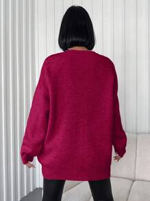 EURMUSE 女式休闲纯色落肩开衫，秋季 - 酒紅色 - 查看 2