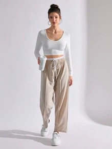 SHEIN PETITE Cotton Women CottnLine Drawstring Waist Front Button Pants - Beige - View 4