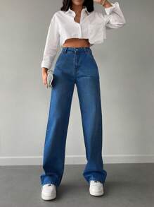 EURMUSE Solid Straight Leg Jeans - Medium Wash - View 4