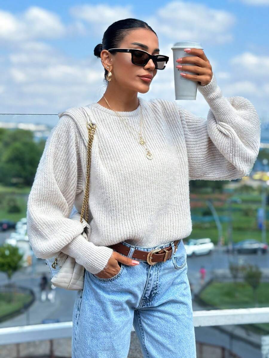 EURMUSE Women Shoulder Padded Sweater With Hairy Yarn - Beige - View 1