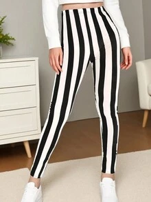 Women's Fashion Casual Sports Leggings, Elegant & Comfortable Black & White Thick Stripes Pattern, Stretchy Tights For Gym Workout, Running, Push-Ups, Squats, Yoga, Outdoor Walking, Hiking, Vacation, Ankle Length