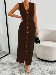 Elenzga Women Colorblock V-Neck Button Design Sleeveless Long Sweater Dress, Autumn