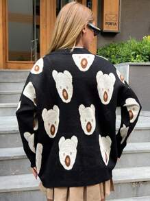 EURMUSE Áo len cardigan nữ Bear Jacquard Regular Fit mùa đông - màu đen - Xem 2
