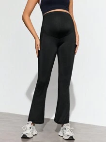SHEIN Maternity Solid Color Adjustable Waistband Pocket Flared Leg Sports Pants