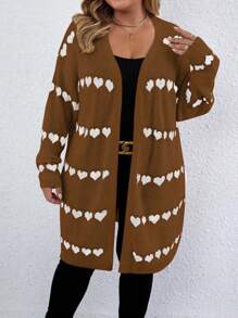 Calvaya Plus Size Heart Pattern Loose Casual Cardigan, Suitable For Autumn And Winter - Mocha Brown - View 6