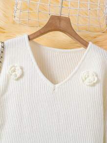 Vestido de punto hecho a mano con flores, elegante, para niñas adolescentes, de cuello en V, mangas abombadas, blanco, de longitud media, cintura alta y silueta evasé - Blanco - Ver 6