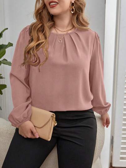 Reflora Plus Size Solid Color Round Neck Long Sleeve Minimalist Casual Shirt