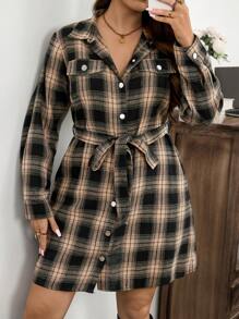 SHEIN LUNE Plus Size Plaid Shirt Collar Button-Front Dress With Self-Tie Belt, For Fall & Winter Holiday Outfit Holiday Party Dress Plus