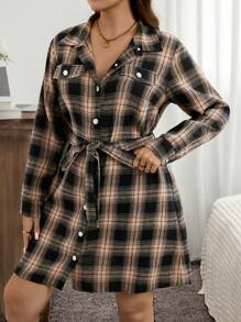 SHEIN LUNE Plus Size Plaid Shirt Collar Button-Front Dress With Self-Tie Belt, For Fall & Winter Holiday Outfit Holiday Party Dress Plus