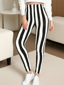 Women's Fashion Casual Sports Leggings, Elegant & Comfortable Black & White Thick Stripes Pattern, Stretchy Tights For Gym Workout, Running, Push-Ups, Squats, Yoga, Outdoor Walking, Hiking, Vacation, Ankle Length