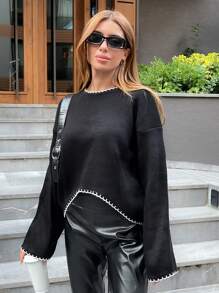 SHEIN Pullover da donna con orlo asimmetrico e dettagli a punto smerlato, collo rotondo