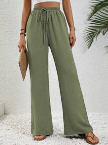 SHEIN LUNE Women's Solid Color Front Tie Pocket Minimalist 7/9 Length Pants, Casual Daily Wear Fall Cloth For Women - Green - View 5