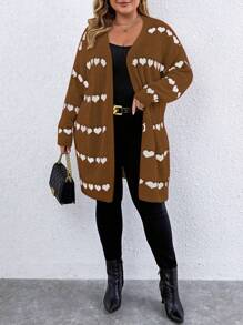 Calvaya Plus Size Heart Pattern Loose Casual Cardigan, Suitable For Autumn And Winter - Mocha Brown - View 4